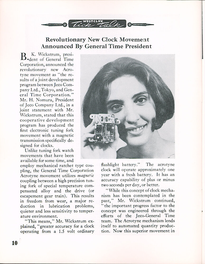 Westclox Tick Talk September 1965 > 10. New Product: "Acrotyne" Clock Movement. The Results Of Joint Development Between Jeco Of Japan And General Time. Tuning Fork Regulator With Magnetic Coupling To The Gear Train. Tuning Fork Of Temperature Compensated Alloy.