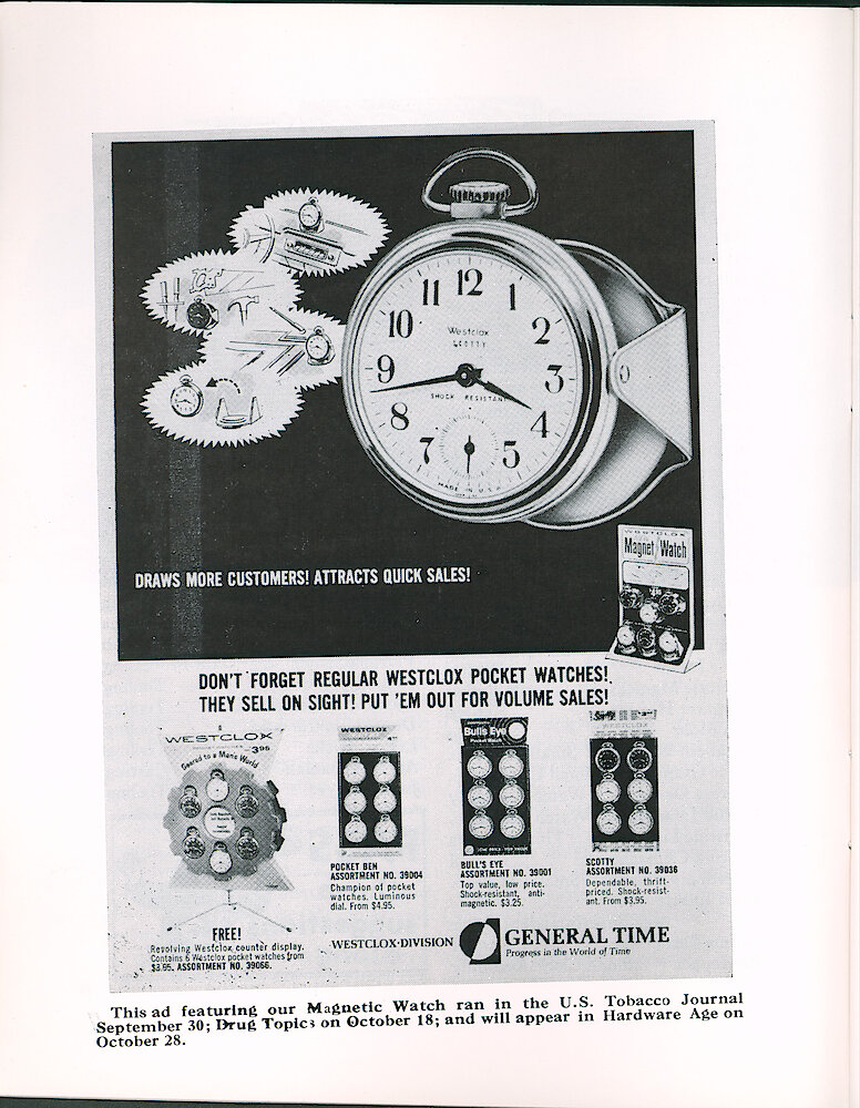 Westclox Tick Talk October 1965 > 8. Advertisement: "This Ad Featuring Our Magnetic Watch Ran In The U.S. Tobacco Journal September 30; Drug Topic October 18, And Will Appear In Hardware Age On October 28."