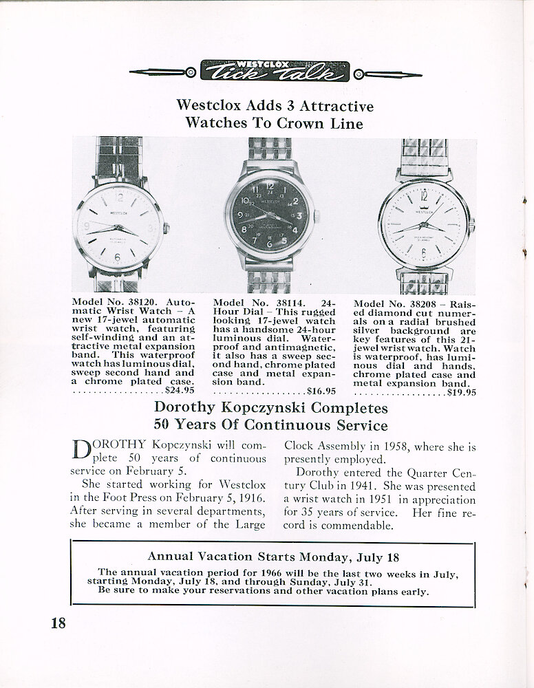 Westclox Tick Talk January 1966 > 18. New Models: Crown Line Man&039;s Wrist Watches 38120, 38114 And 38208. 17, 17 And 21 Jewel.