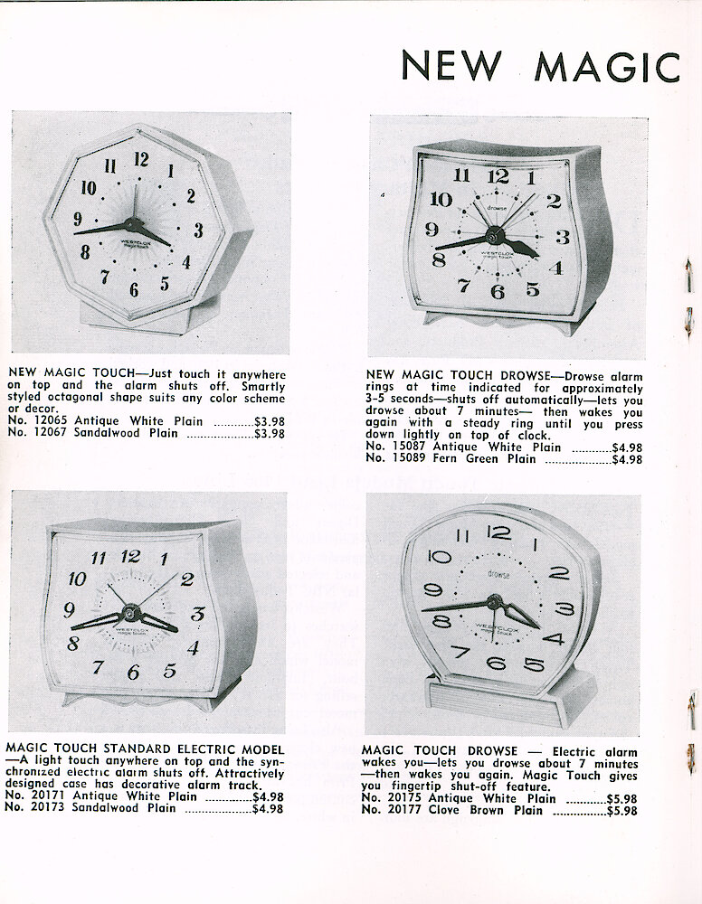 Westclox Tick Talk January 1966 > 20. New Models: Magic Touch Keywound 12065 And 12067; Magic Touch Drowse Electric 15087 And 15089; Magic Touch Standard Electric Model 20171 And 20173; And Magic Touch Drowse Keywound 20175 And 20177. Article On Page 19.