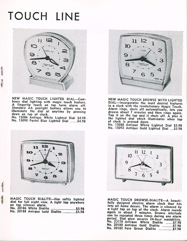 Westclox Tick Talk January 1966 > 21. New Models: Magic Touch Lighted Dial Keywound 15086 And 15090; Magic Touch Drowse With Lighted Dial Keywound 15088 And 15092; Magic Touch Dialite Electric 20186 And 20188; Magic Touch Drowse-Dialite Electric 20178, 20180 And 20182. Article On Page 19.