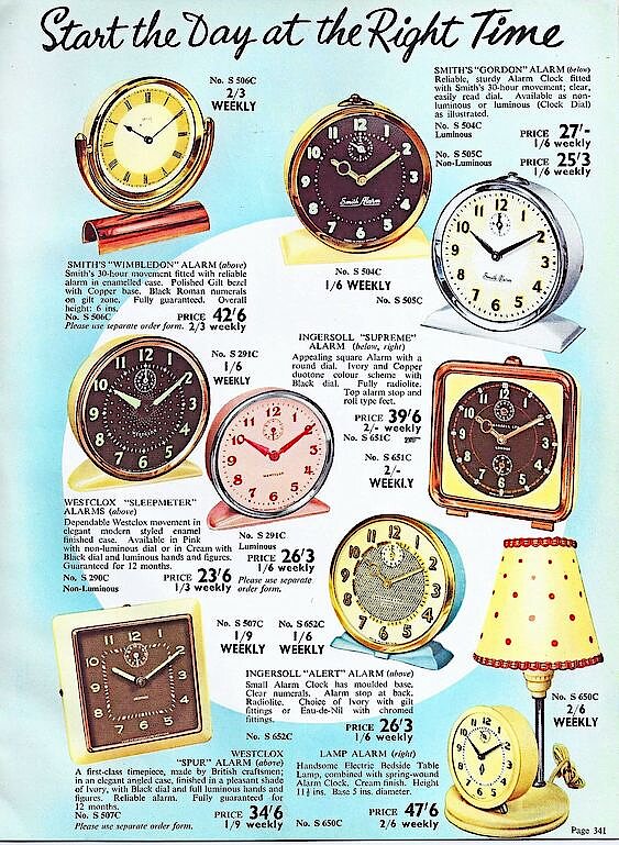 Scotland Clock Catalog Page 1957. Has Three Westclox As Well As Smiths And Ingersoll Alarms.
