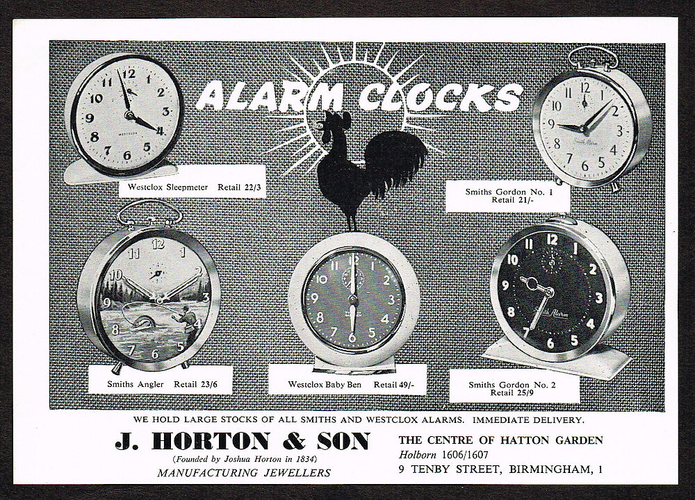 J. Horton & Son, Great Britain, ca. 1957 Alarm Clock Page. J. Horton & Son, Manufacturing Jewelers, 9 Tenby Street, Birmingham. Shows Two Westclox (made In Scotland) And Three Smiths Alarm Clocks.