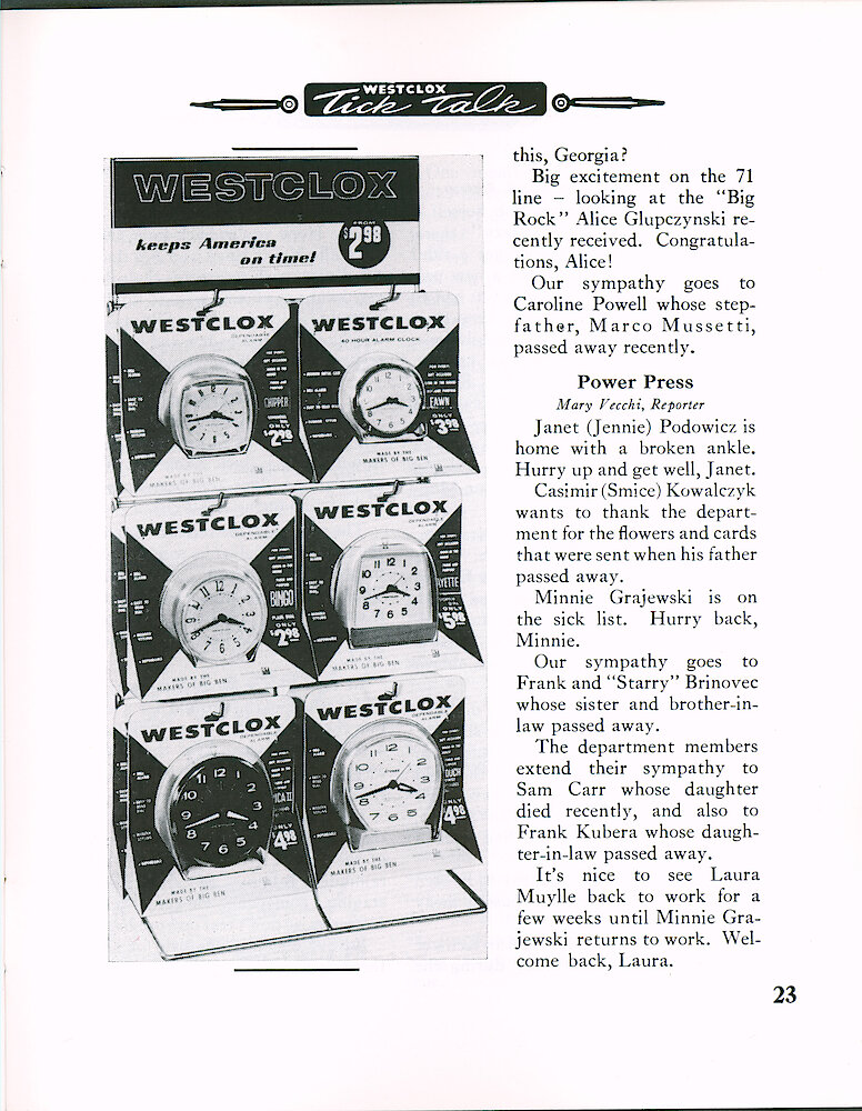 Westclox Tick Talk February 1966 > 23. Marketing: A Display Unit That Holds Alarm Clocks, Each In A Blister Package.