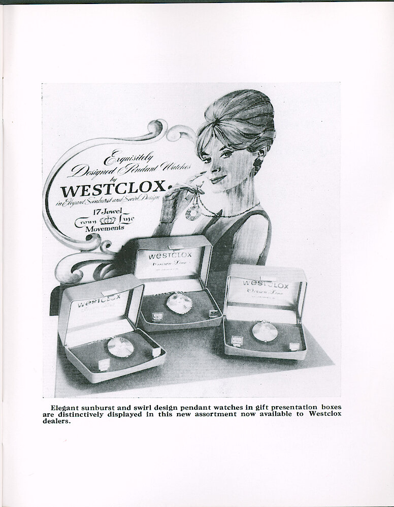 Westclox Tick Talk February 1966 > 29. Marketing: Assortment Of Sunburst And Swirl Pendent Watches In Gift Presentation Boxes Available To Wetclox Dealers.