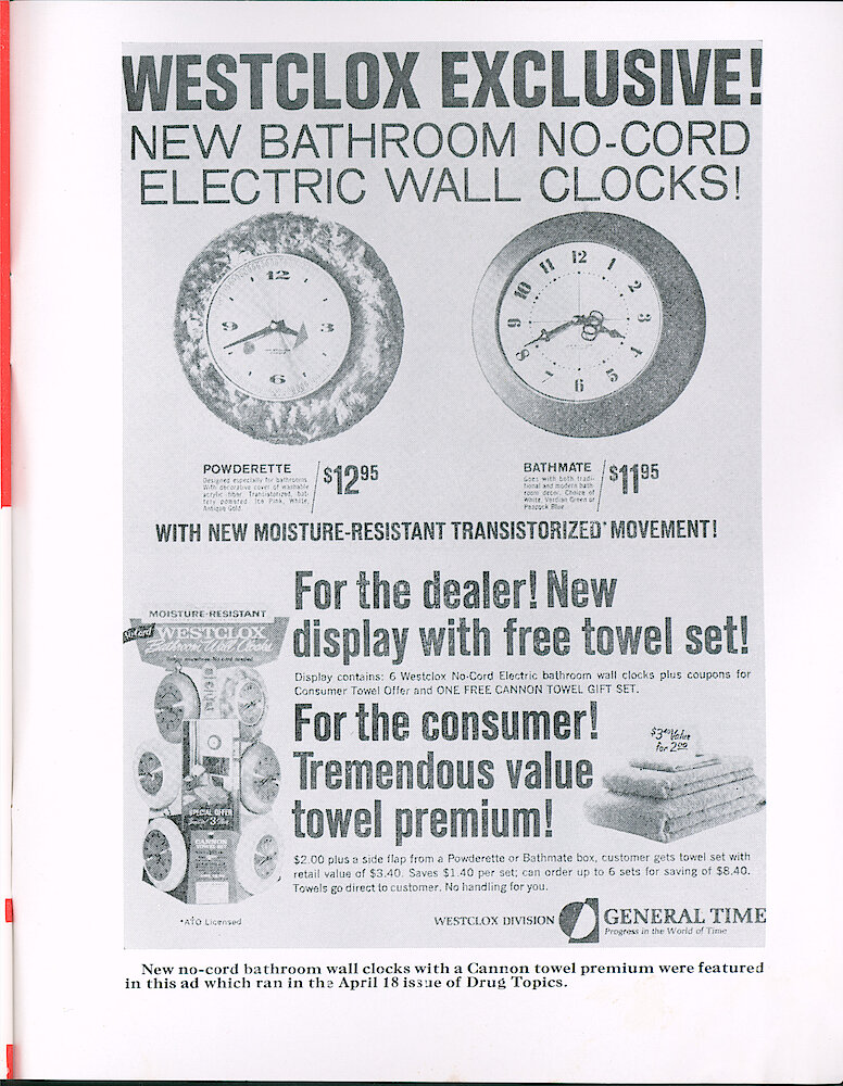 Westclox Tick Talk May 1966 > 37. Advertisement: Bathroom Electric No-cord Clocks. Appeared In April 18th Drug Topics.