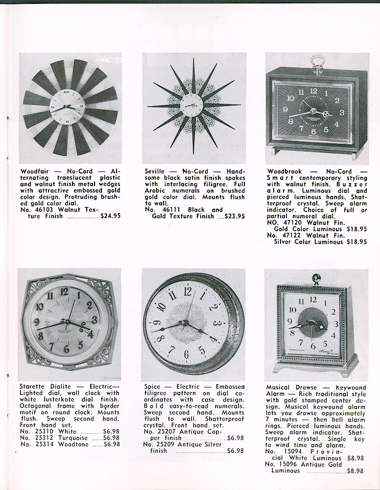 Westclox Tick Talk June 1966 > 21. New Models: No-cord Wall Clocks Woodfair And Seville; No-cord Alarm Clock Woodbrook; Electric Wall Clocks Starette And Spice; Musical Drowse Keywound Alarm.