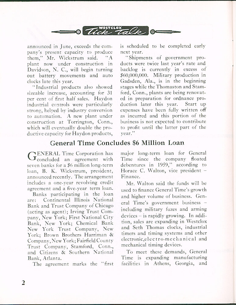 Westclox Tick Talk August 1966 > 2. Corporate:  "General Time Sales Soar — Westclox&039; Hit New High"