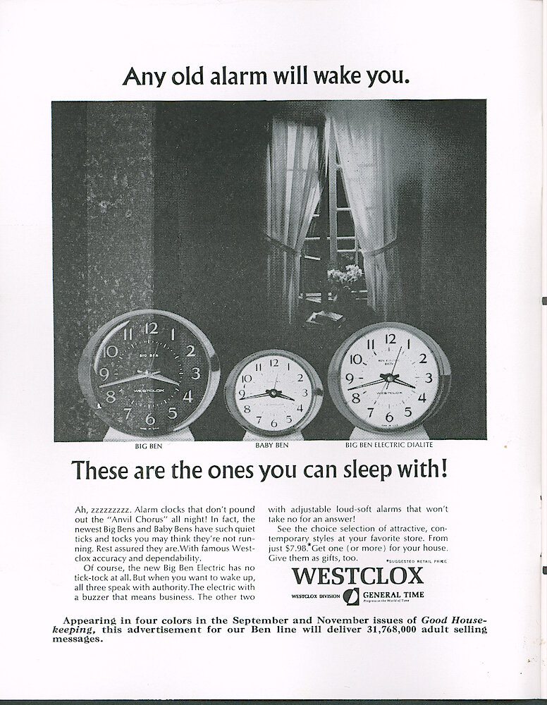 Westclox Tick Talk September 1966. Advertisement: "Any Old Alarm Will Wake You. These Are The Ones You Can Sleep With" This Ad Ran In Four Colors In September And November Good Housekeeping.