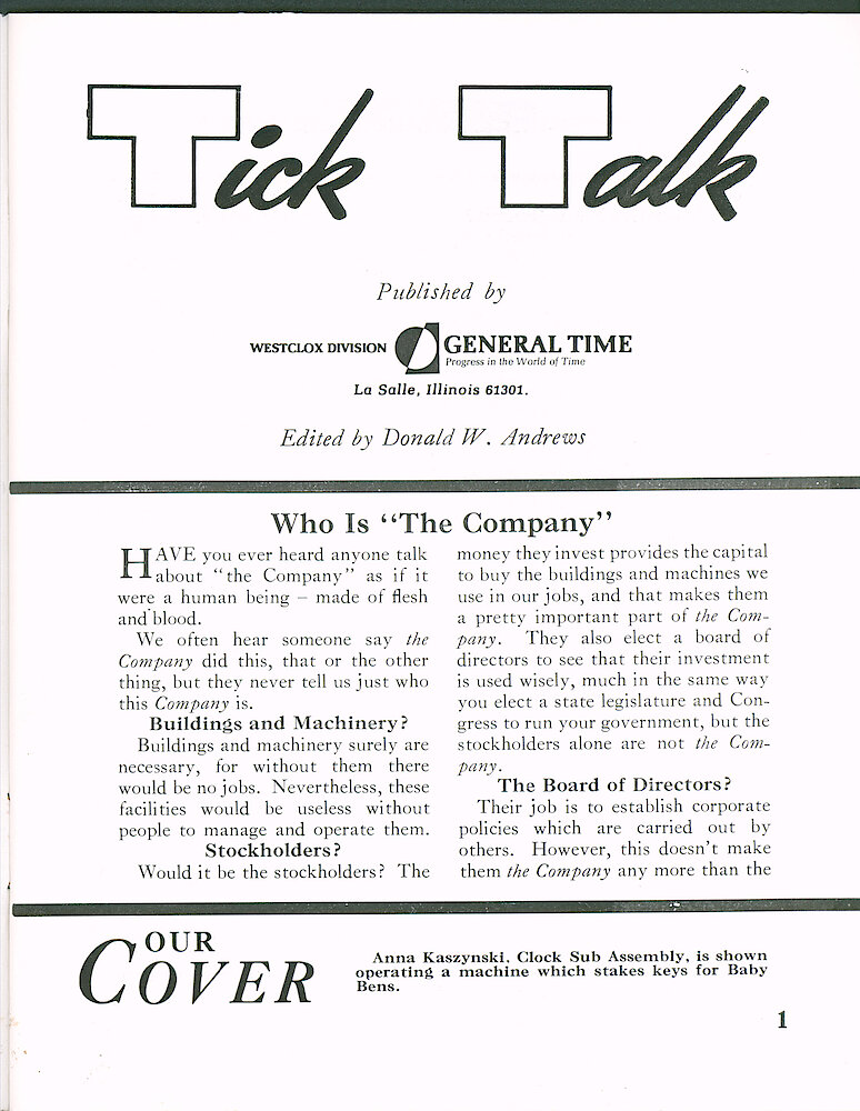 Westclox Tick Talk September 1966 > 1. Cover Caption: "Anna Kaszynski, Clock Sub Assembly, Is Shown Operating A Machine Which Stakes Keys For Baby Bens."