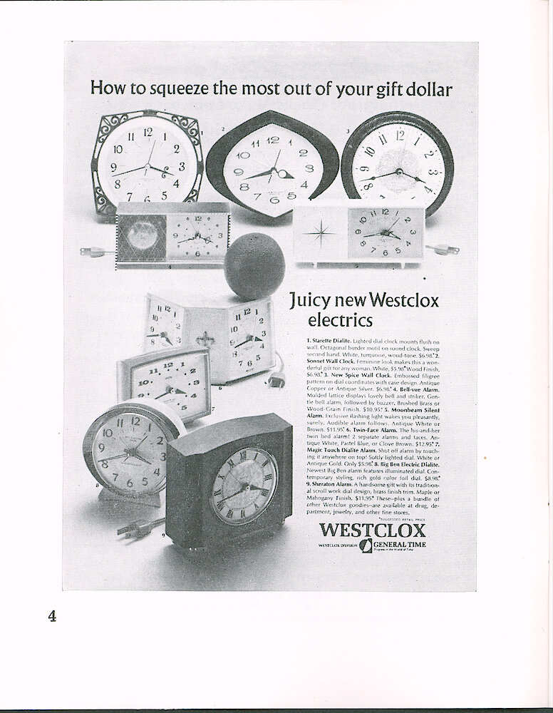 Westclox Tick Talk September 1966 > 4. Advertisement: "How To Squeeze The Most Out Of Your Gift Dollar. Juicy New Westclox Electrics"