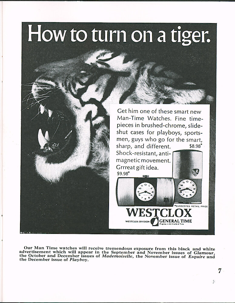 Westclox Tick Talk September 1966 > 7. Advertisement: "How To Turn On A Tiger. Get Him One Of These New Man-Time Watches."