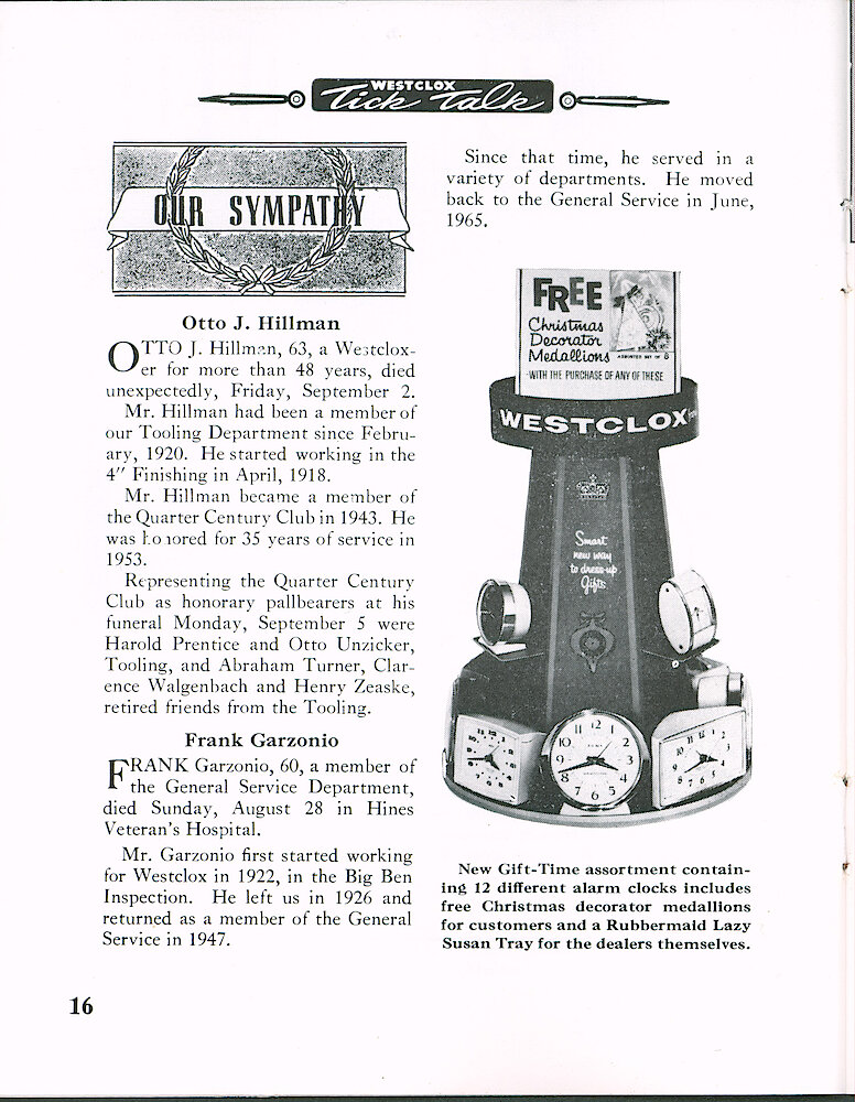 Westclox Tick Talk September 1966 > 16. Marketing: Display Of 12 Alarm Clocks.