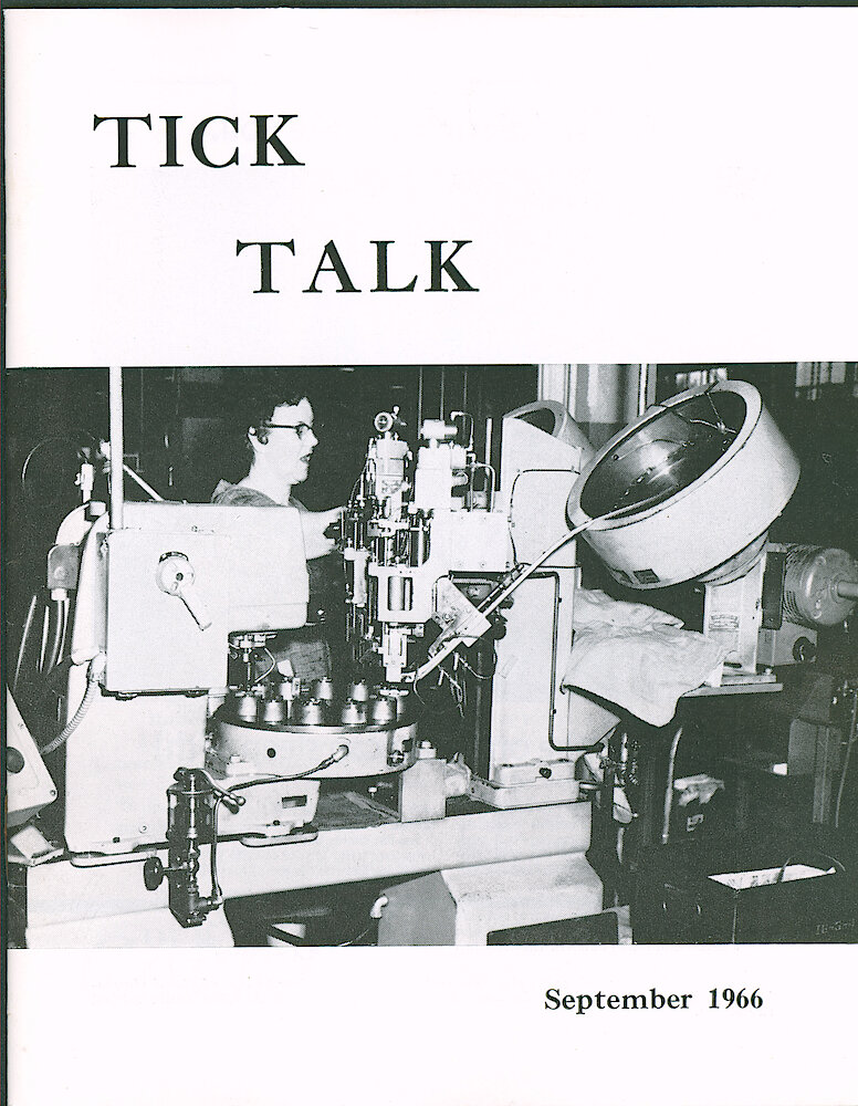 Westclox Tick Talk September 1966 > F. Manufacturing: "Anna Kaszynski, Clock Sub Assembly, Is Shown Operating A Machine Which Stakes Keys For Baby Bens." Caption On Page 1.