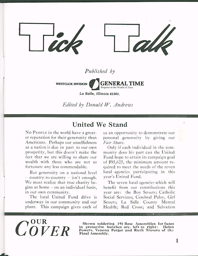 Westclox Tick Talk October 1966 > 1. Cover Caption: "Shown Soldering 191 Base Assemblies For Fuzes In Protective Hutches Are, Left To Right, Helen Powers, Verona Ferger, And Ruth Trovero Of Final Assembly."