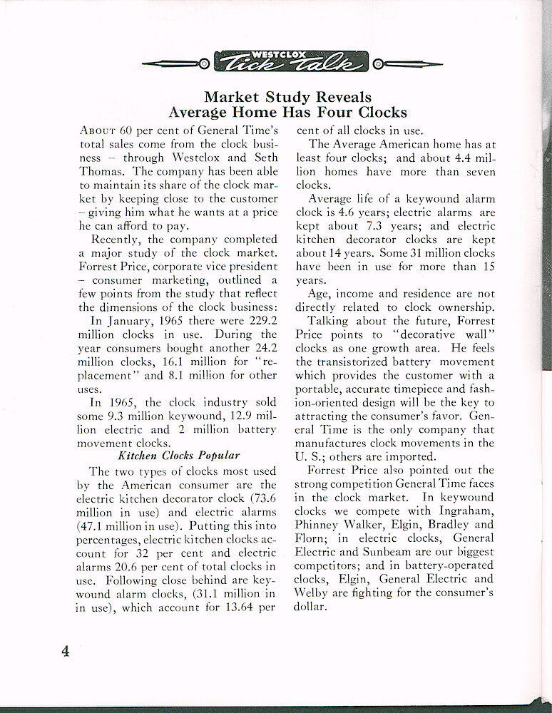 Westclox Tick Talk October 1966 > 4. Marketing: "Market Study Reveals Average Home Has Four Clocks" Various Statistics Of Clock Ownership.