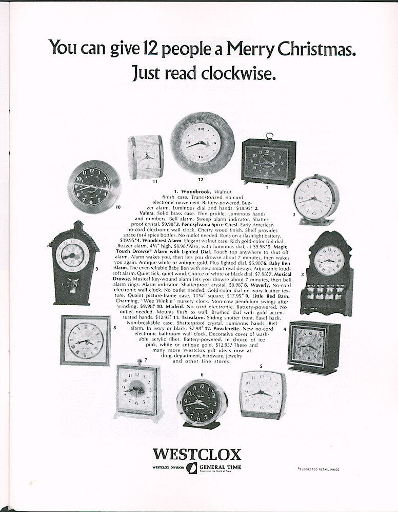 Westclox Tick Talk October 1966 > 7. Advertisement: "You Can Give 12 People A Merry Christmas. Just Read Clockwise." Shows 12 Westclox Clocks. Caption On Page 6. November Better Homes & Gardens And December Good Housekeeping.