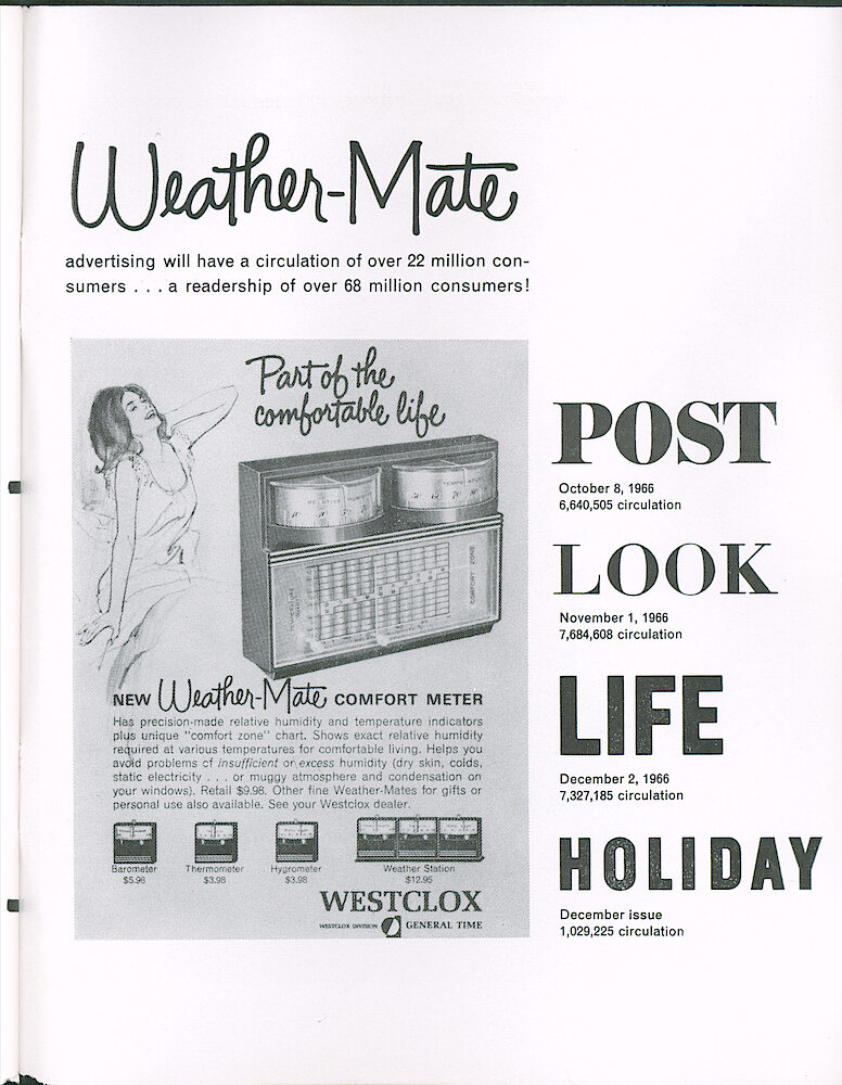 Westclox Tick Talk October 1966 > 29. Advertisement: Westclox Weather-Mate, Weather Station, And Individual Units. Saturday Evening Post, October 8, 1966; Look November 1, 1966; Life December 2, 1966; Holiday December Issue.