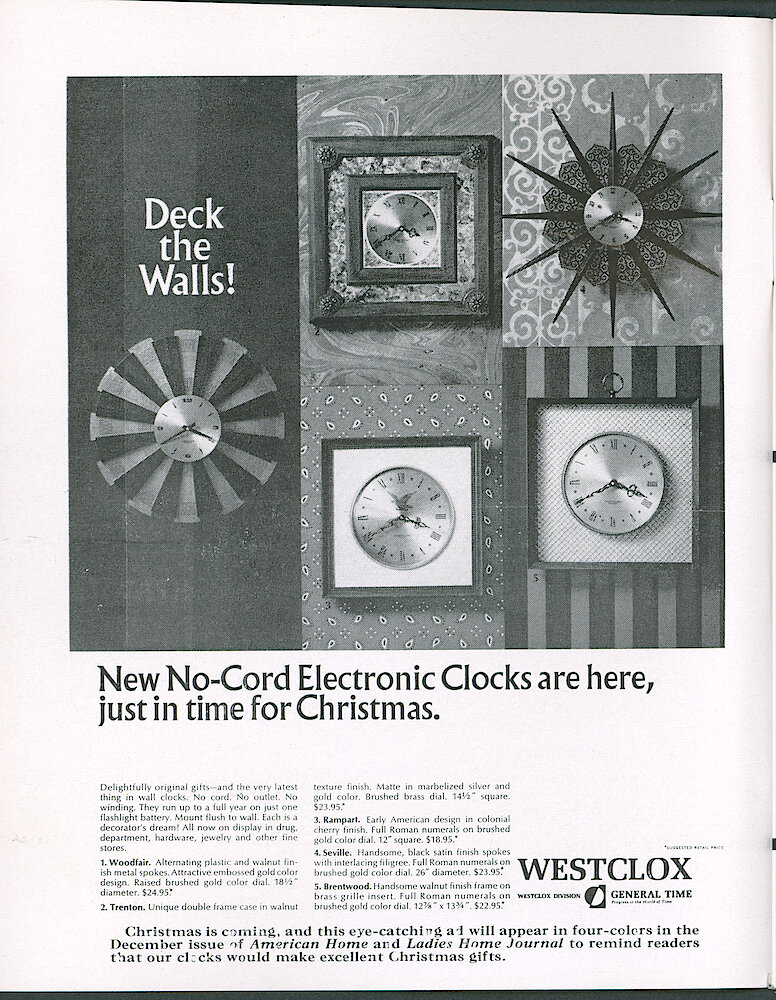 Westclox Tick Talk November 1966. Advertisement: New No-Cord Electronic Clocks Are Here, Just In Time For Christmas." This Ad Ran In Four Colors In December American Home And Ladies Home Journal.