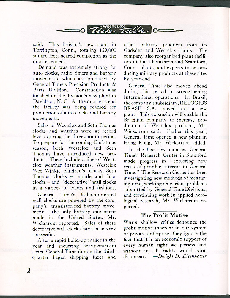 Westclox Tick Talk November 1966 > 2. Corporate: "General Time Reports Record Sales, Earnings For First Three Quarters"