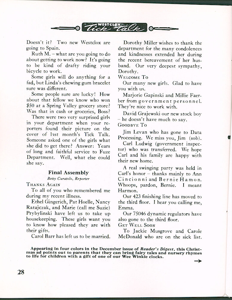 Westclox Tick Talk November 1966 > 28. Advertisement Caption: "Appearing In Four Colors In The December Issue Of Reader&039;s Digest, This Christmas Ad Points Out To Parents That They Can Bring Fairy Tales And Nursery Rhymes To Life With A Gift Of One Of Our Wee Winkie Clocks." Ad On Page 29.