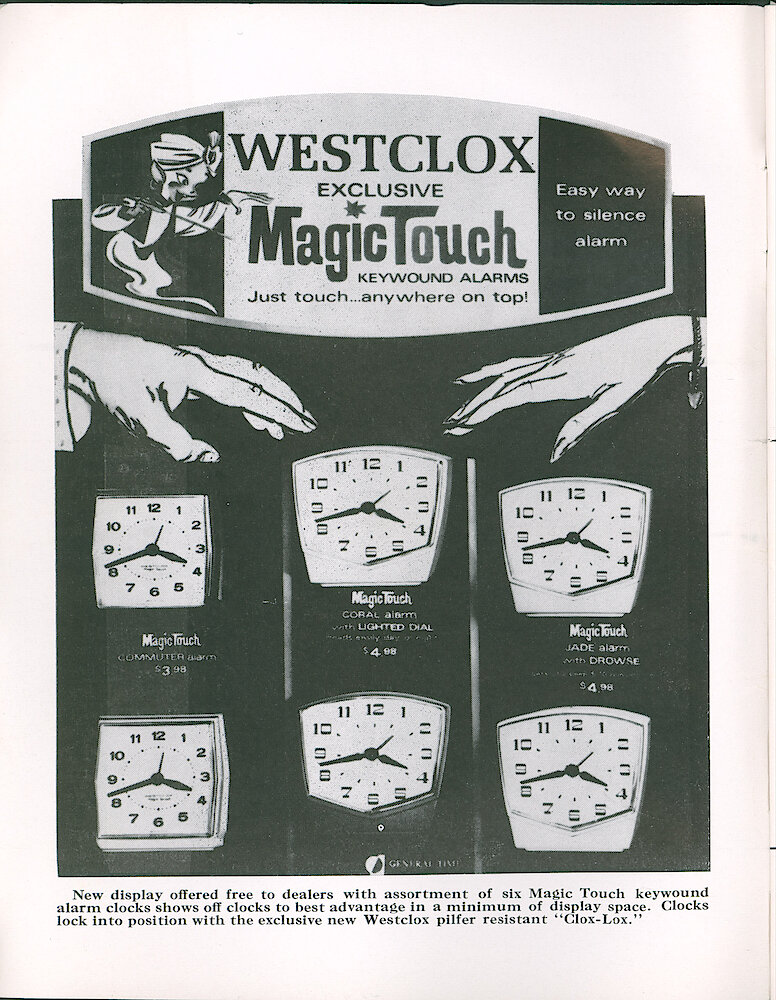 Westclox Tick Talk January 1967. Marketing: Display Of Magic Touch Keywound Alarms.