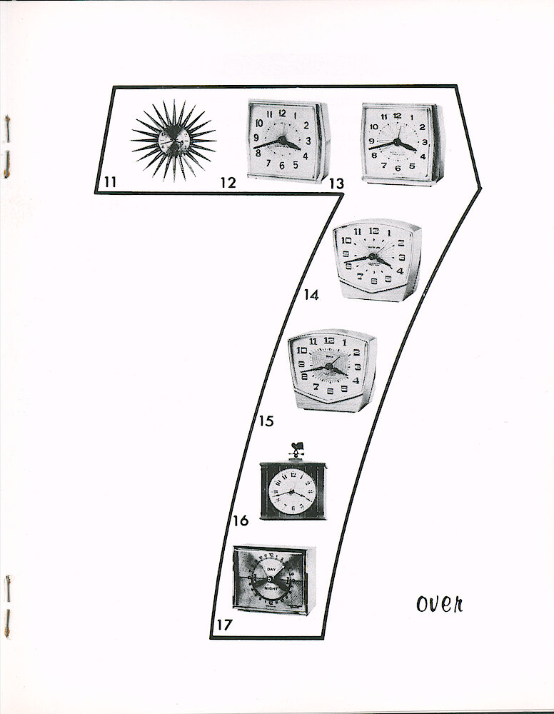 Westclox Tick Talk January 1967 > 15. New Models: 11) Bonnie Sunburst Wall Clock, Windup Or No-cord; 12) Chipper II Keywound Alarm; 13) Commuter Keywound  Magic Touch Alarm; 14) Coral Magic Touch; 15) Jade Magic Touch Drowse; 16) Countryside Electric Wall Clock; 17) 24-Hour Switch Timer. Descriptions And Prices On Pages 16 - 18.