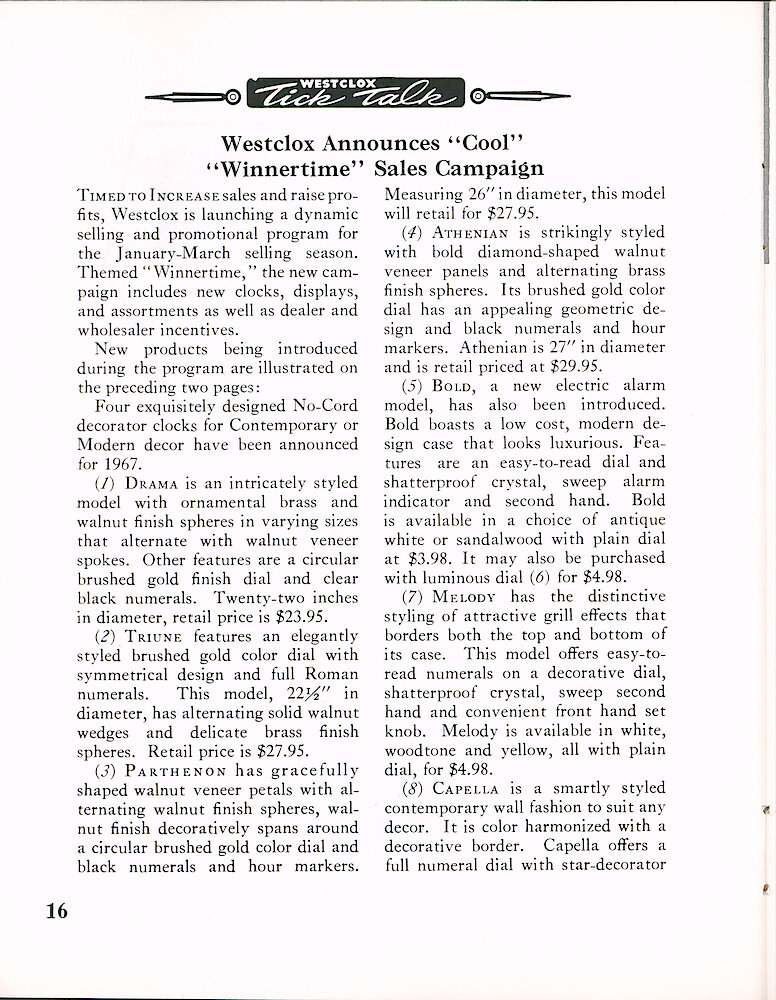 Westclox Tick Talk January 1967 > 16. New Models: Descriptions And Prices For Clocks On Page 14 And 15.