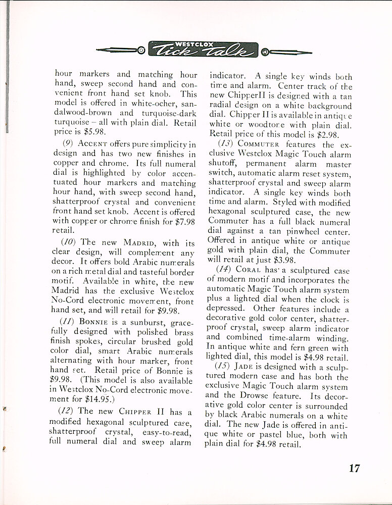 Westclox Tick Talk January 1967 > 17. New Models: Descriptions And Prices For Clocks On Page 14 And 15.