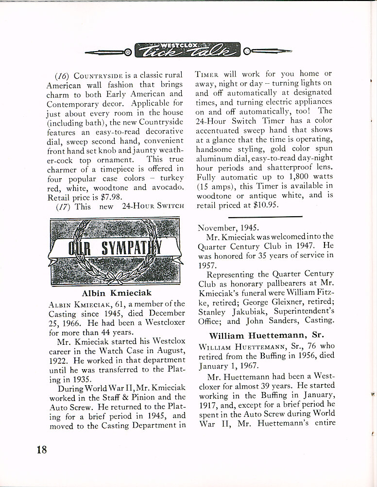 Westclox Tick Talk January 1967 > 18. New Models: Descriptions And Prices For Clocks On Page 14 And 15.