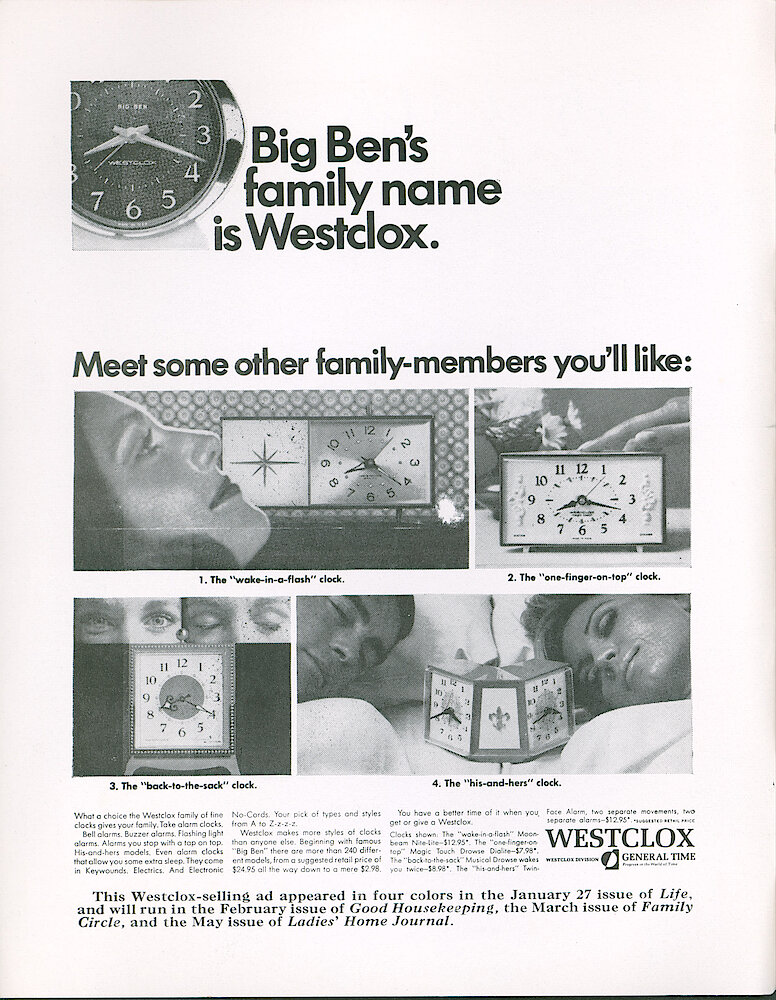 Westclox Tick Talk February 1967. Advertisement: "Meet Some Other Family Members You&039;ll Like:" Shows Moonbeam Nite-Lite, Magic Touch Drowse Dialite, Musical Drowse And Twin-Face Alarm. This Ad Will Run In Four Color In January 27 Issue Of Life, February Issue Of Good Housekeeping, March Issue Of Family Circle And May Issue Of Ladies&039; Home Journal.