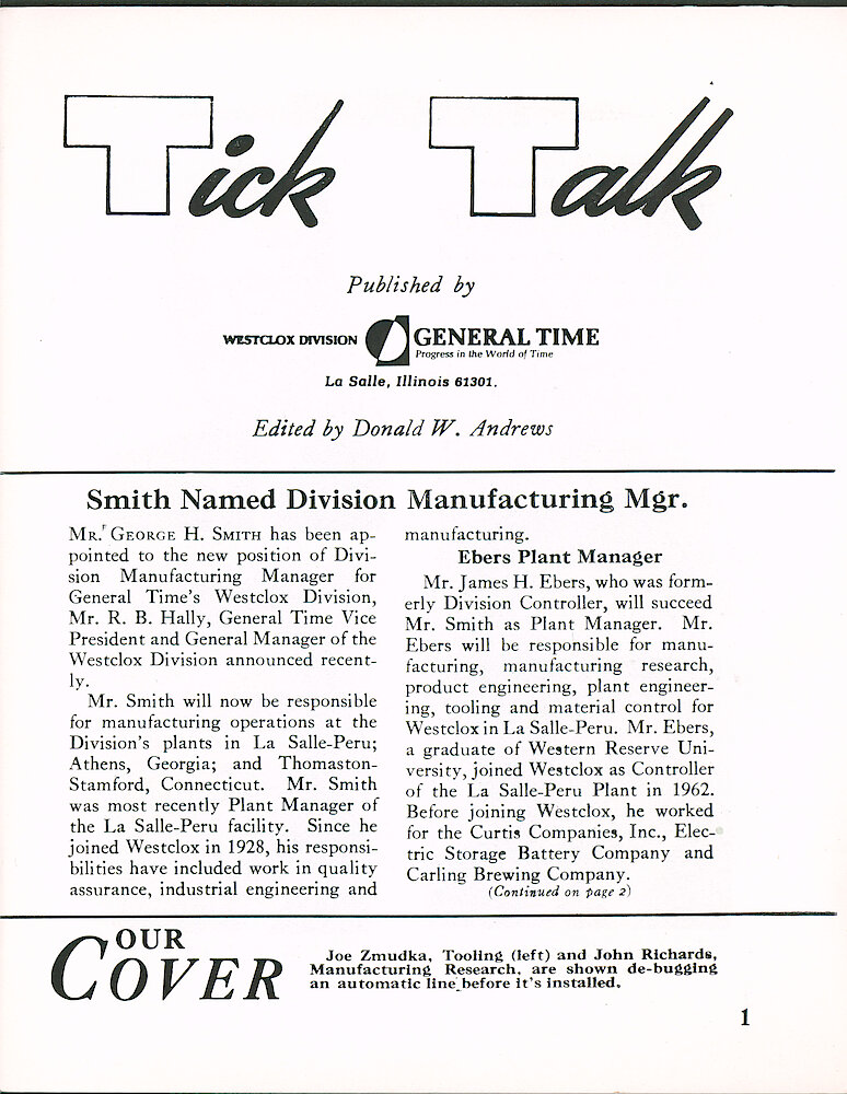 Westclox Tick Talk February 1967 > 1. Cover Caption: "Joe Zmudka, Tooling (left) And John Richards, Manufacturing Research, Are Shown Debugging An Automatic Line Before It&039;s Installed."