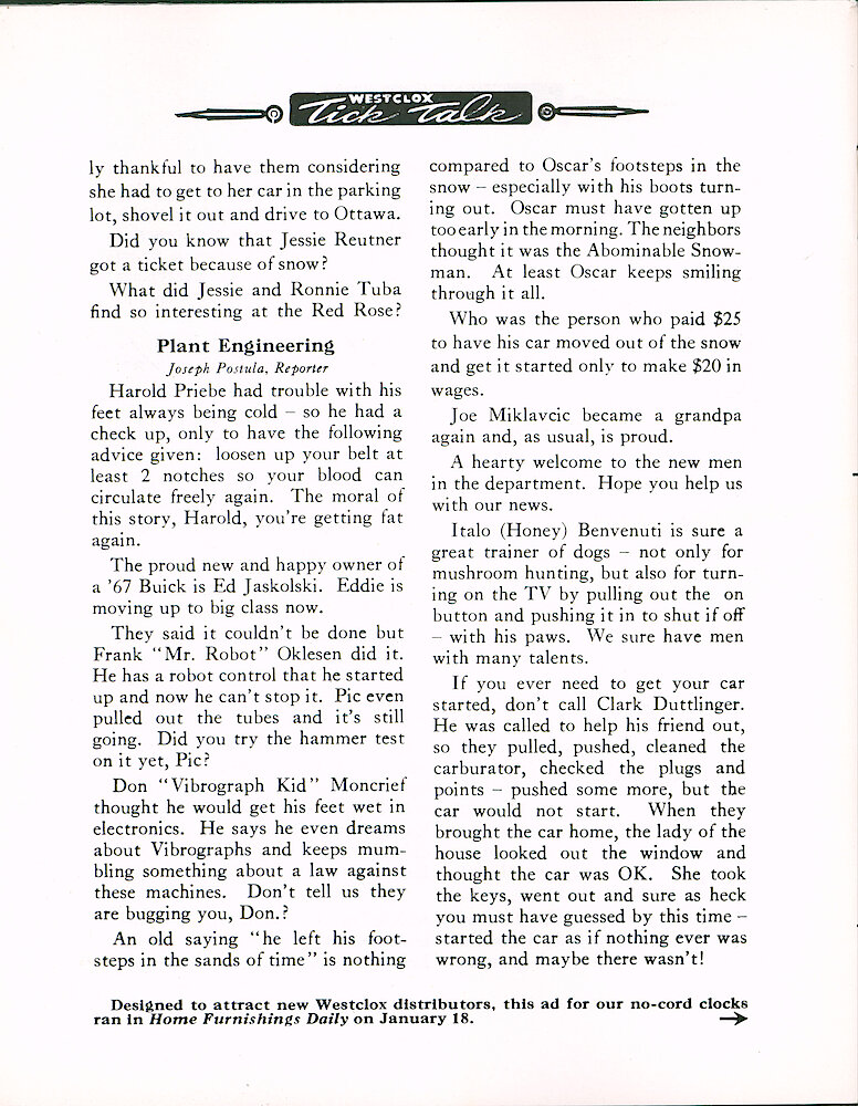 Westclox Tick Talk February 1967 > 28. Advertisement Caption: "Designed To Attract New Westclox Distributors, This Ad For Our No-cord Clocks Ran In Home Furnishings Daily On January 18." The Ad Is On Page 29.