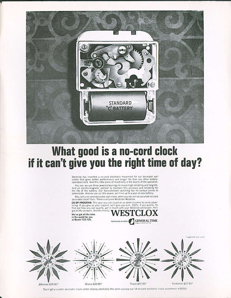 Westclox Tick Talk February 1967 > 29. Advertisement: This Ad Shows The Movement Of The No-cord Clocks. It Describes Features Like The Three Jewel Bearings, Electromagnetic Damper, And Using Transistorized Switching To Avoid Contact Points That Wear Out.