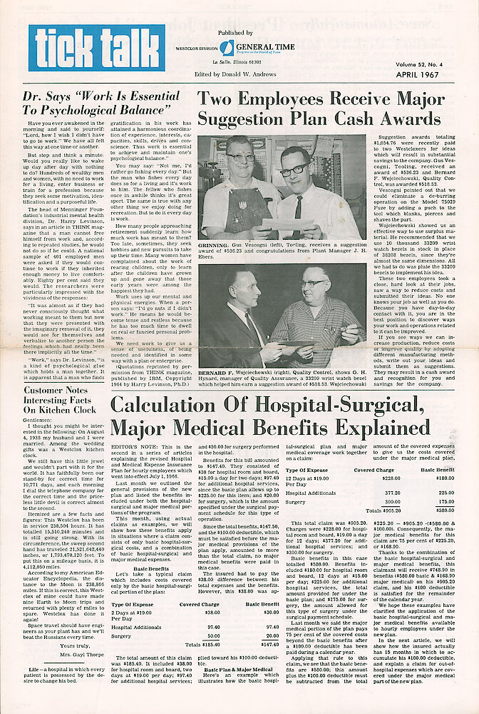 Westclox Tick Talk April 1967 Vol. 52 No. 4 > 1. Personnel: "Two Employees Receive Major Suggestion Plan Awards"