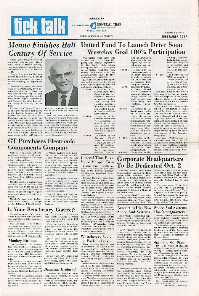 Westclox Tick Talk September 1967 Vol. 52 No. N9 > 1. Corporate: "GT Purchases Electronic Components Company" Miniature Electronic Components Corporation (Mineico), Holbrook, Mass. CORPORATE: " Corporate Headquarters To Be Dedicated Oct. 2" Stamford, Conn.