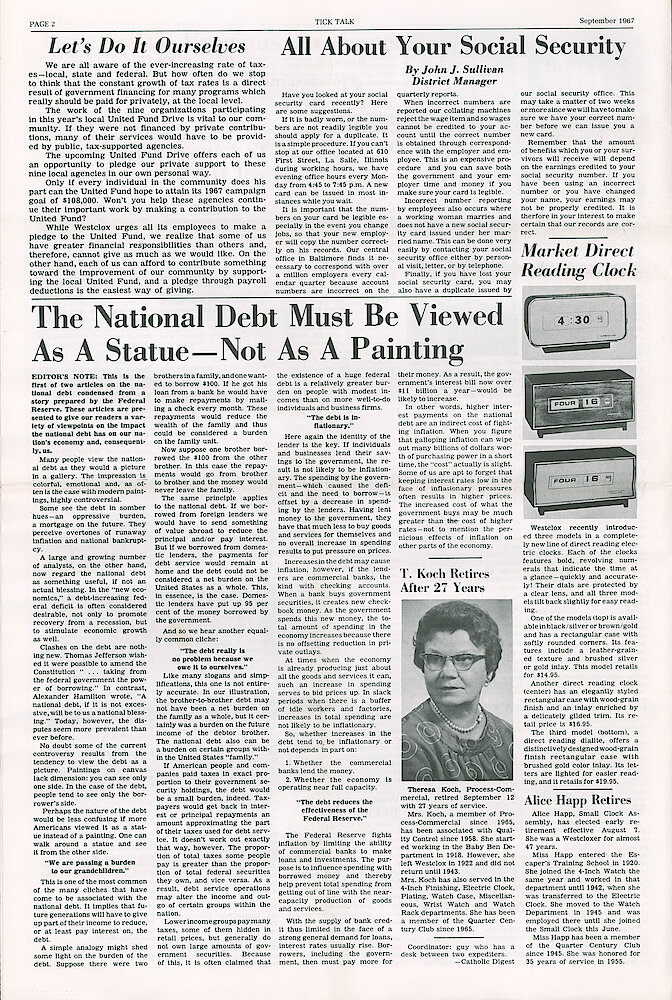 Westclox Tick Talk September 1967 Vol. 52 No. N9 > 2. New Models: Three Models Of Direct Reading (digital) Clocks.