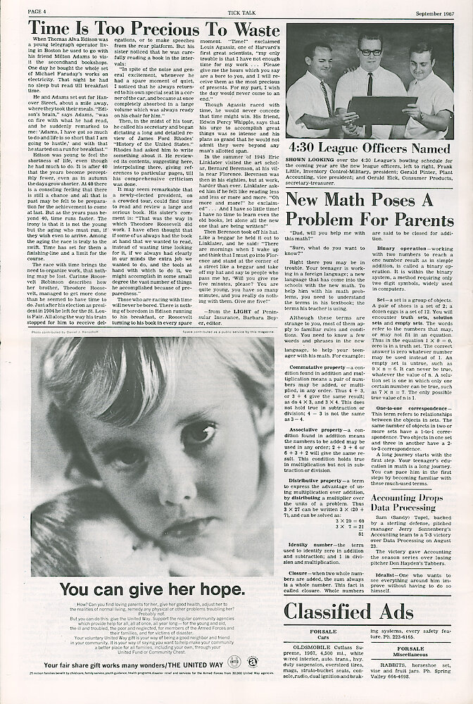 Westclox Tick Talk September 1967 Vol. 52 No. N9 > 4. Misc.: "New Math Poses A Problem For Parents" The Commutative, Associative And Distributive Properties; Binary Operation And One-to-one Correspondence.