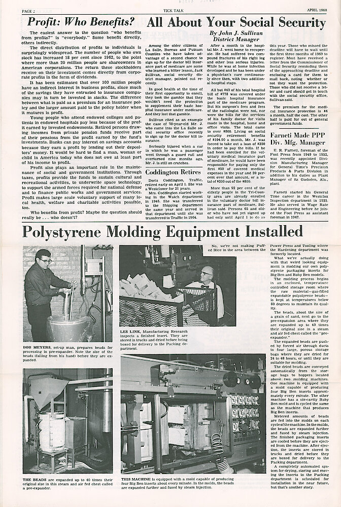 Westclox Tick Talk April 1968 Vol. 53 No. 4 > 2. Manufacturing: "Polystyrene Molding Equipment Installed" For Making Packaging Inserts For Big Ben And Baby Ben Alarm Clocks.