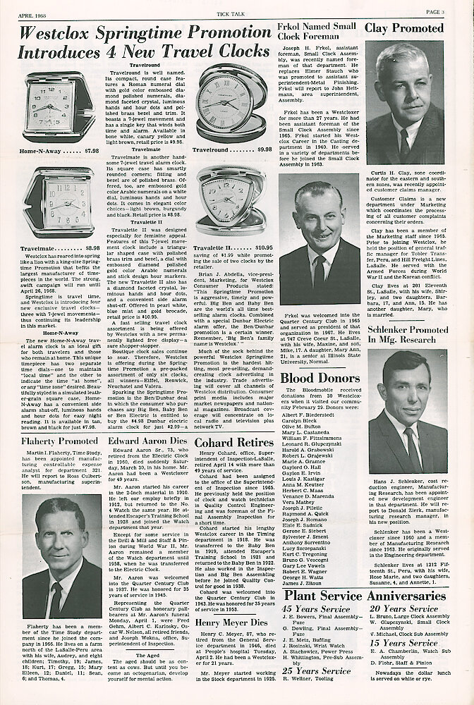 Westclox Tick Talk April 1968 Vol. 53 No. 4 > 3. New Models: "Westclox Springtime Promotion Introduces 4 New Travel Clocks" Home-N-Away Clock With A Dial For A Second Tine Zone; Travelmate; Travelround (round Folding Model); Travelette II (triangle Shaped With Curved Sides).