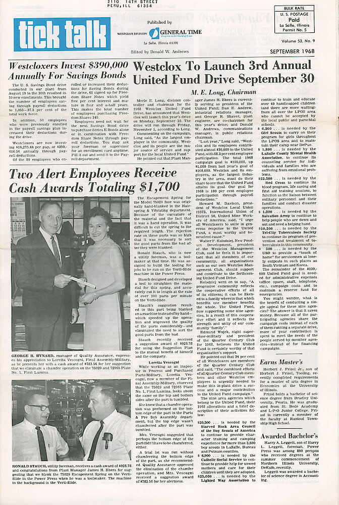 Westclox Tick Talk September 1968 Vol. 53 No. 9 > 1. Personnel: "Two Alert Employees Receive Cash Awards Totaling $1700" For Suggestions To Improve Production Efficiency.