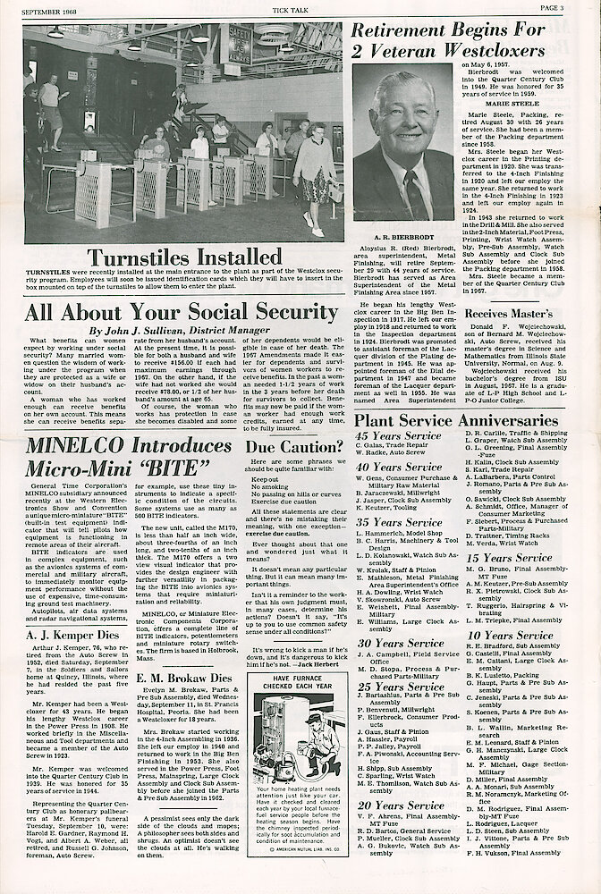 Westclox Tick Talk September 1968 Vol. 53 No. 9 > 3. Factory: "Turnstiles Installed" As Part Of The Westclox Security Program.