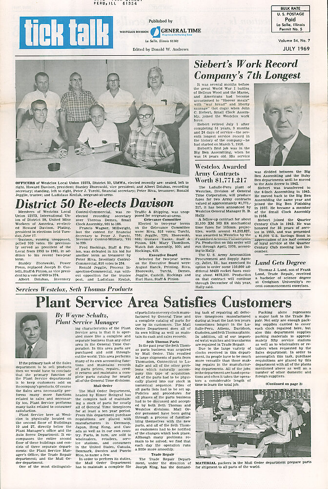 Westclox Tick Talk July 1969 Vol. 54 No. 7 > 1. Corporate: "Westclox Awarded Army Contracts Worth $1,771,217." FACTORY: "Plant Service Area Satisfies Customers" Repair And Parts.