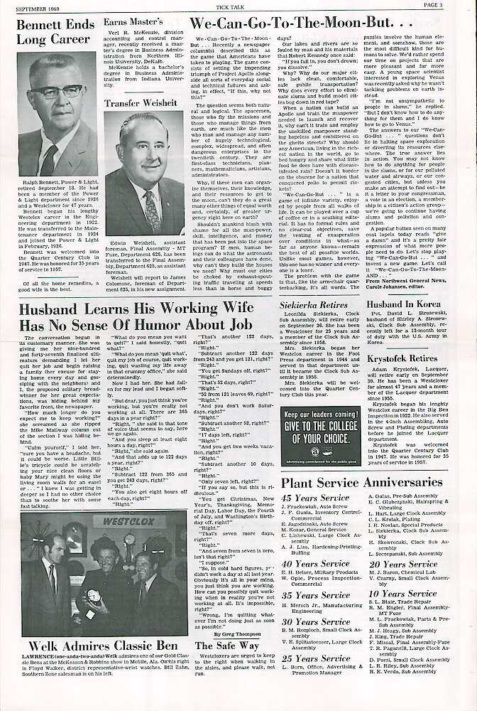 Westclox Tick Talk September 1969 Vol. 54 No. 9 > 3. Marketing: "Welk Admires Classic Ben" Lawrence Welk Admires The Gold Finished Reproduction Style 1a (Leg Model) Big Ben.