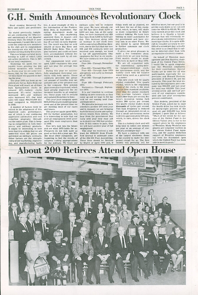 Westclox Tick Talk December 1969 Vol. 54 No. 12 > 5. Marketing: Manufacturing: New Models: "G. H. Smith Announces Revolutionary Clock" Mr. Smith Addressed The Quarter Century Club. 1969 Has Been An Excellent Year. A Good Example Are The Fashion Brite Bens. Our Styling Department Made Up Samples In July—Marketing Approved Them In August—and ... 