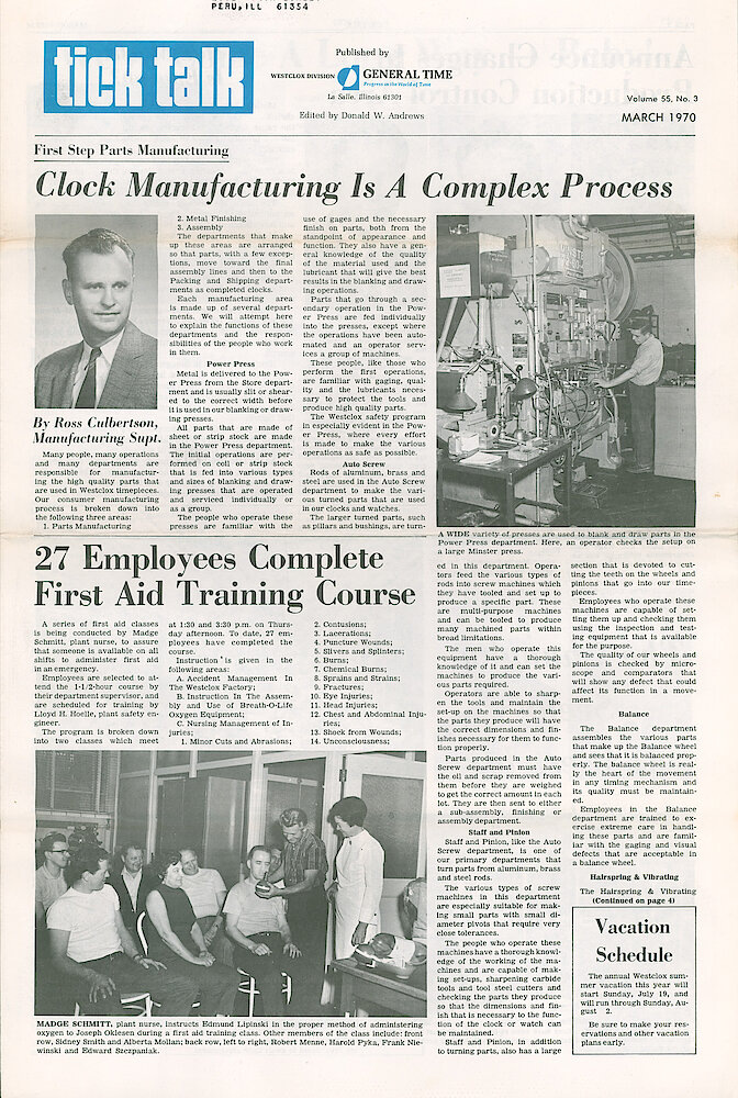 Westclox Tick Talk March 1970 Vol. 55 No. 3 > 1. Factory: Manufacturing: "Clock Manufacturing Is A Complex Process" Power Press, Auto Screw, Staff And Pinion, Balance, Hairspring And Vibrating.