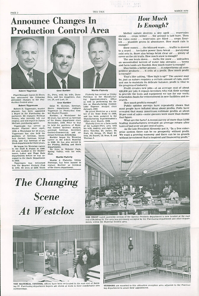 Westclox Tick Talk March 1970 Vol. 55 No. 3 > 2. Factory: "The Changing Scene At Westclox" Shows Wrist Watch Assembly, Material Control And Reception Area.