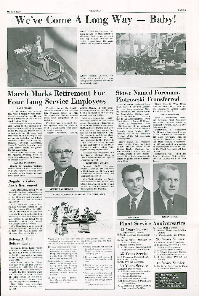 Westclox Tick Talk March 1970 Vol. 55 No. 3 > 3. Factory: Historical Picture: "We&039;ve Come A Long Way—Baby" From Bicycle (1919) To Electric Cart For Mail Delivery Within The Plant.