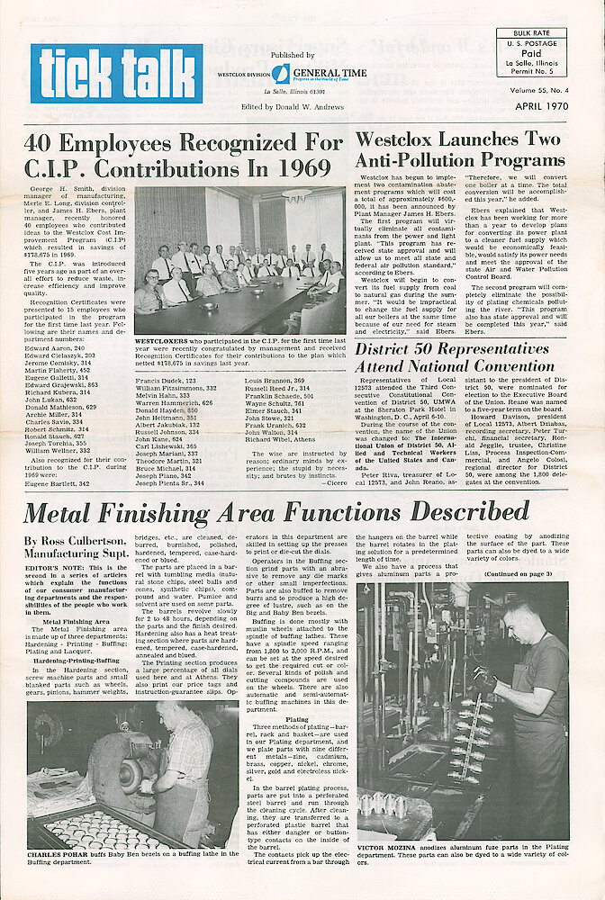 Westclox Tick Talk April 1970 Vol. 55 No. 4 > 1. Manufacturing: "Metal Finishing Area Functions Described" Hardening—Printing—Buffing, Plating.