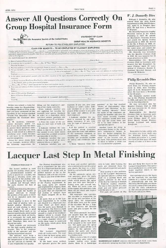 Westclox Tick Talk April 1970 Vol. 55 No. 4 > 3. Manufacturing: "Lacquer Last Step In Metal Finishing"